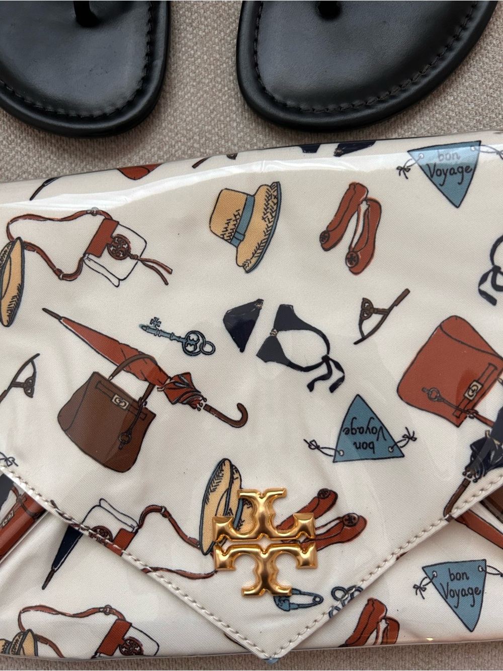 Tory Burch Cream Travel-Print Envelope Crossbody with Gold Logo